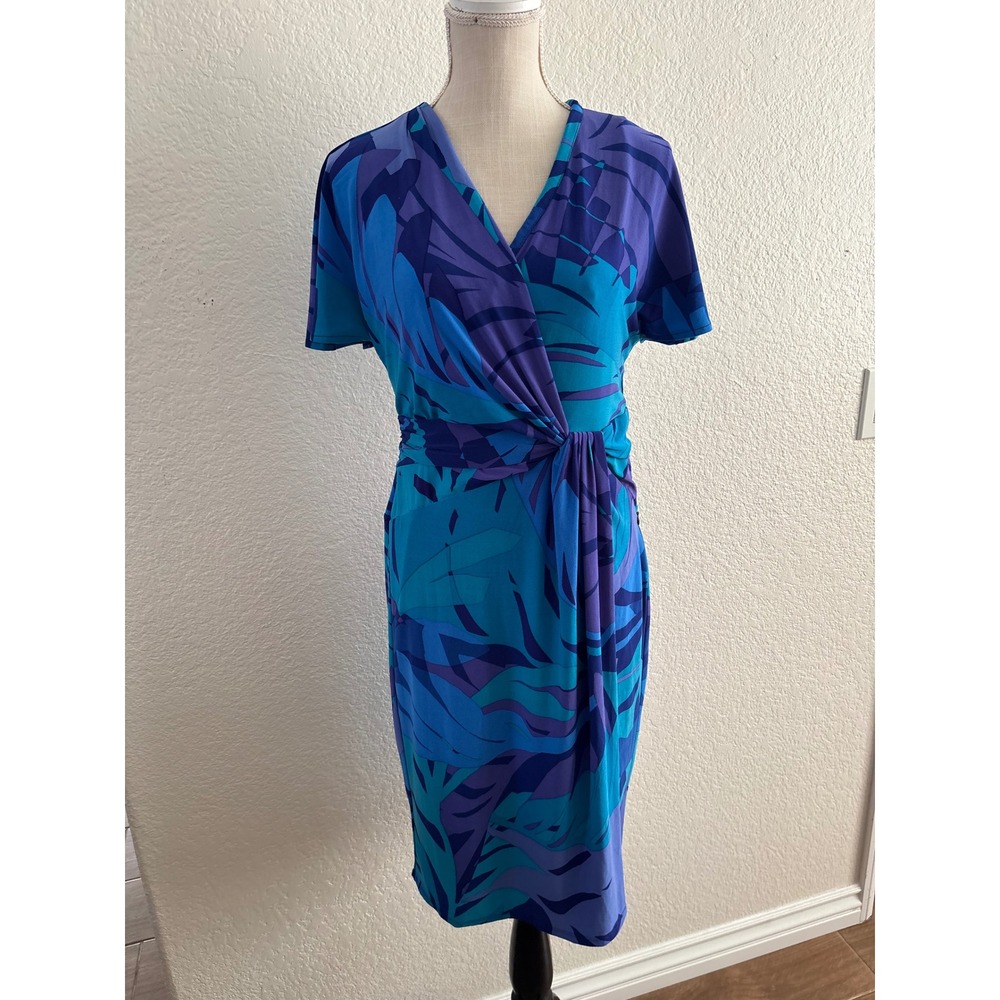 Jones New York Dress 12 Blue Purple Tropical Leaf Faux Wrap Sheath V-Neck